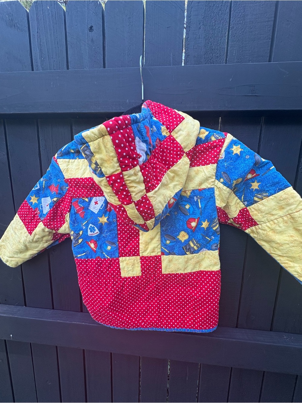 Upcycled Patchwork Quilted Kid's Hoodie - Red, Blue & Yellow 2T/3T - Picture 4 of 7